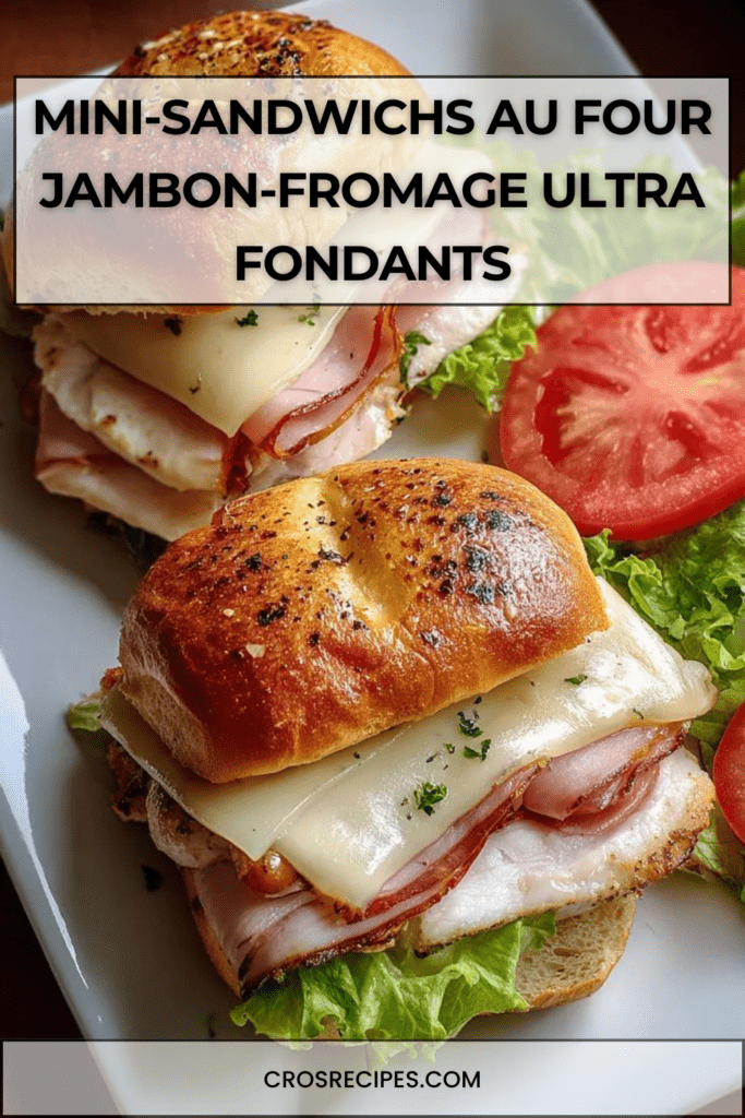 Mini-sandwichs briochés jambon-fromage dorés au four, nappés de beurre aromatisé, fromage fondu visible, servis chauds dans un plat de cuisson.