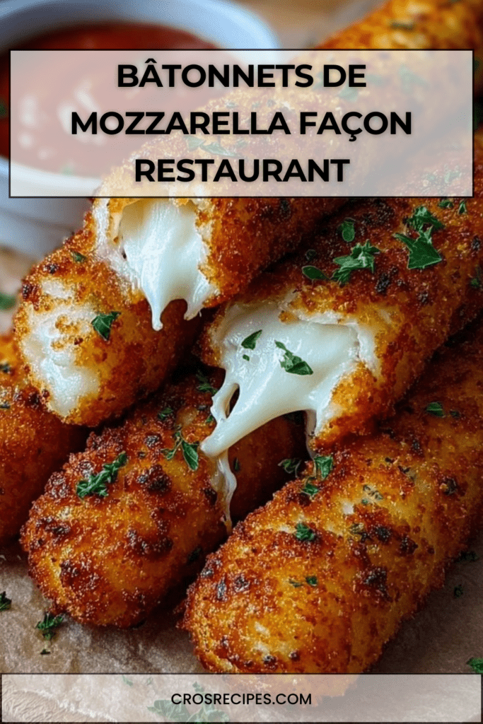 Bâtonnets de mozzarella frits dorés et croustillants, fromage filant à l’intérieur, servis chauds avec sauce marinara sur planche en bois.