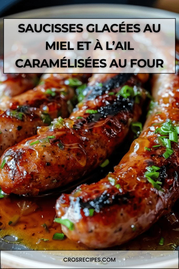 Saucisses dorées et caramélisées au miel et à l’ail, nappées de sauce brillante, garnies d’oignons verts frais, servies chaudes dans un plat de cuisson.