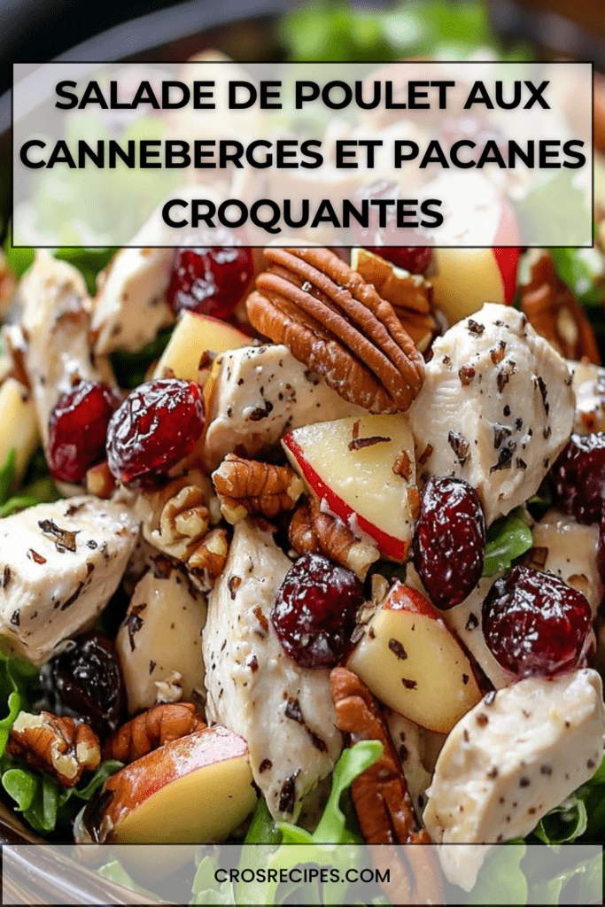Salade de poulet crémeuse avec canneberges séchées, pacanes grillées et morceaux de pomme, servie sur feuilles de laitue verte fraîche.