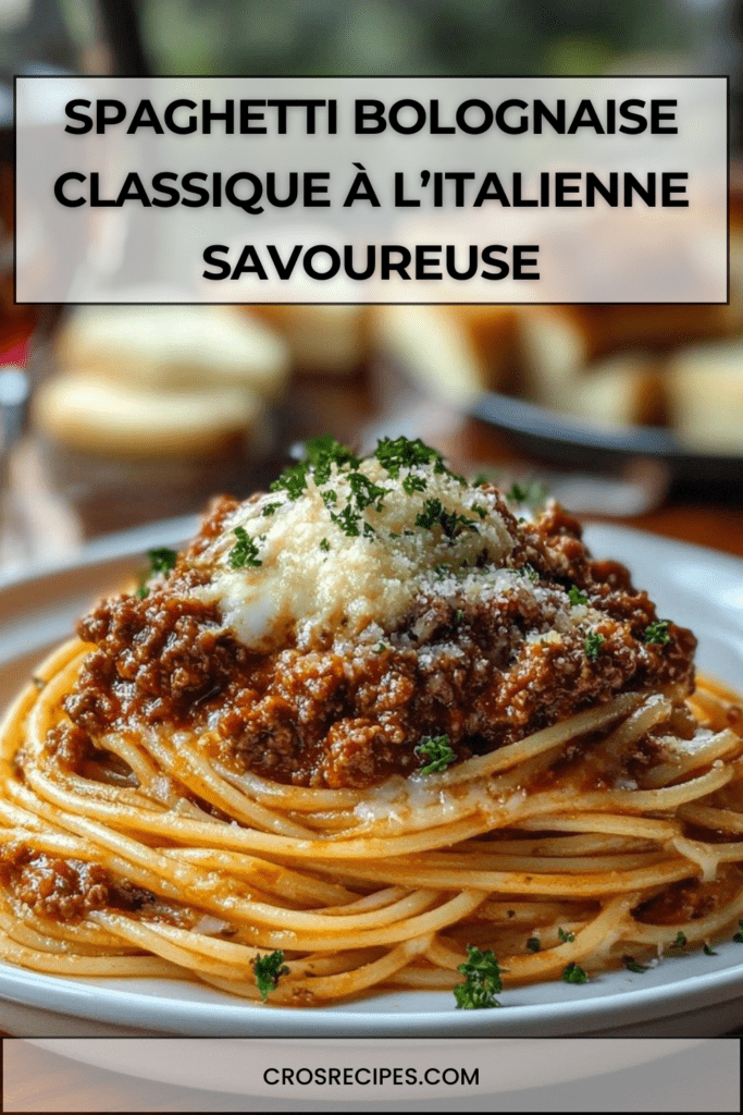 Spaghetti bolognaise maison avec sauce tomate mijotée au bœuf, légumes fondants, parmesan râpé et persil frais, servis dans une assiette creuse.