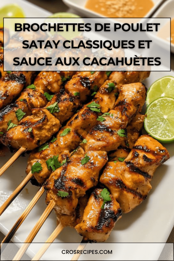Brochettes de poulet satay dorées au grill avec marinade coco-épices, servies avec sauce aux cacahuètes crémeuse et coriandre fraîche.