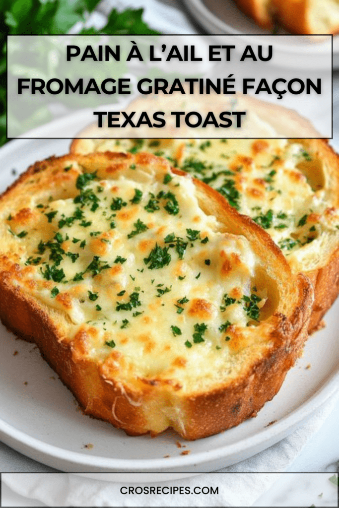 Tranches épaisses de pain à l’ail gratinées au fromage, dorées et croustillantes, garnies de persil frais, servies chaudes sur plaque de cuisson.