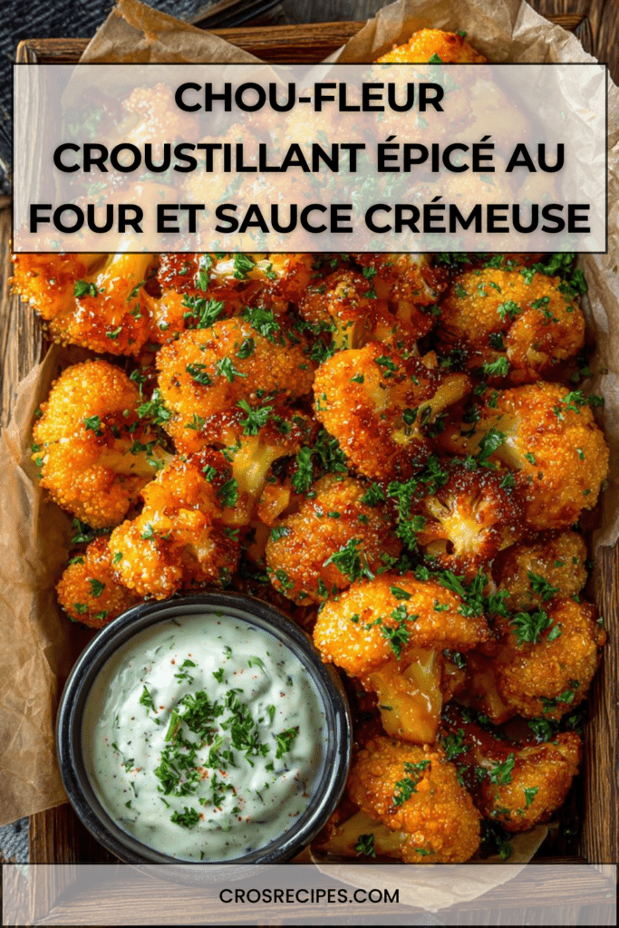 Chou-fleur croustillant épicé au four doré et pané, nappé de sauce piquante brillante, servi avec un dip crémeux au yaourt et citron.