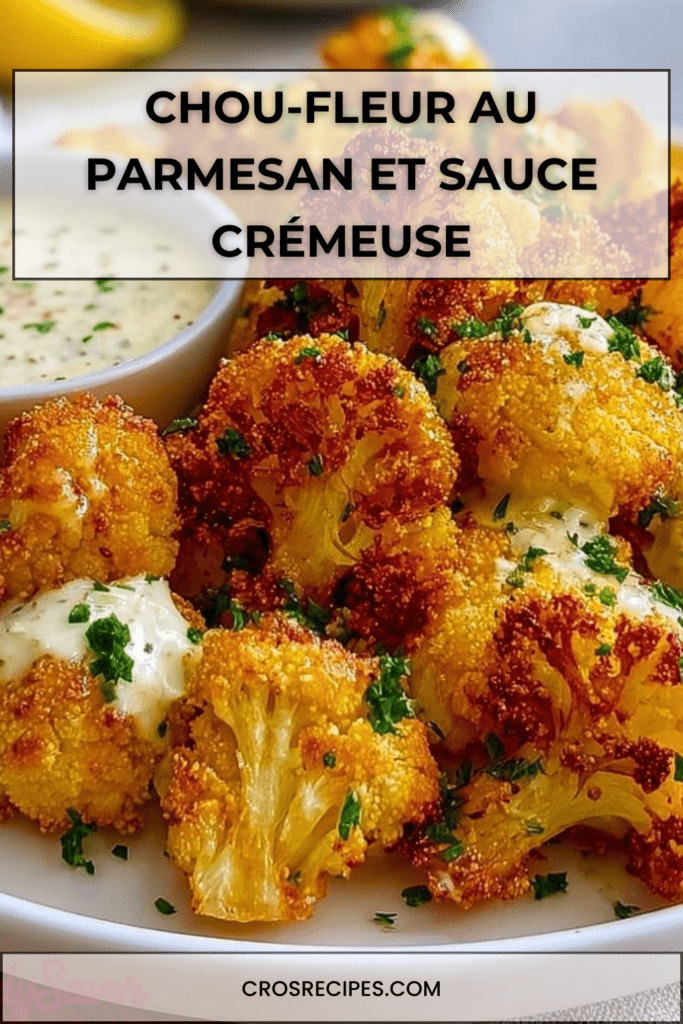 Chou-fleur croustillant au parmesan doré au four, panure croustillante, servi chaud avec sauce crémeuse au yaourt et citron sur table rustique.
