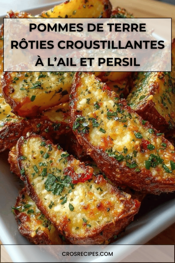Pommes de terre rôties croustillantes dorées au four, assaisonnées à l’ail et persil frais, servies chaudes sur plaque rustique.