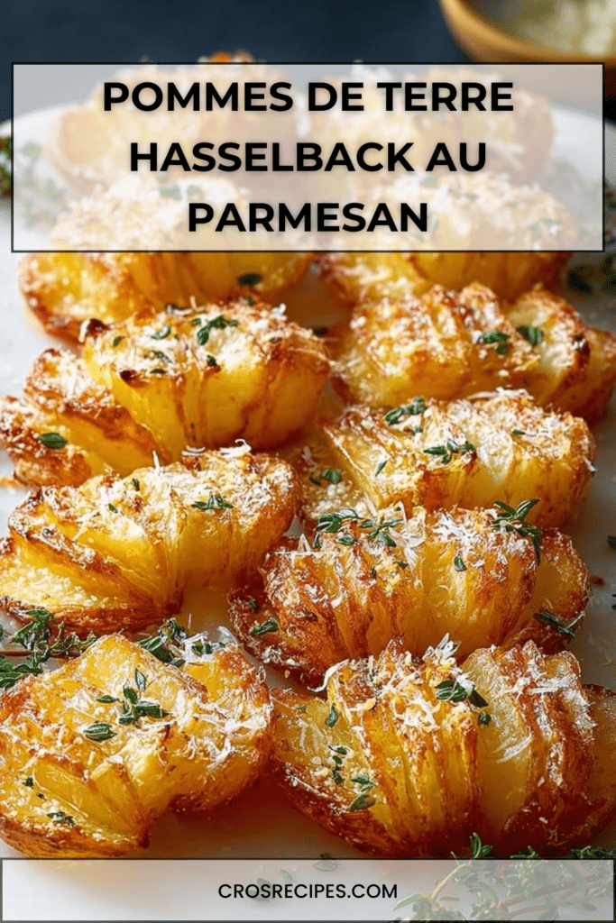 Pommes de terre Hasselback dorées au four, entaillées et croustillantes au parmesan, garnies de thym frais et servies chaudes dans un plat rustique.