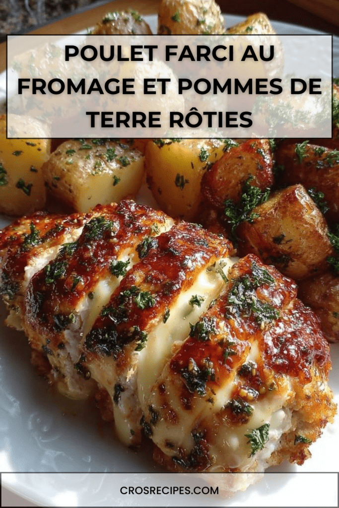 Blancs de poulet farcis au fromage fondant dorés au four, servis avec pommes de terre rôties croustillantes et persil frais.