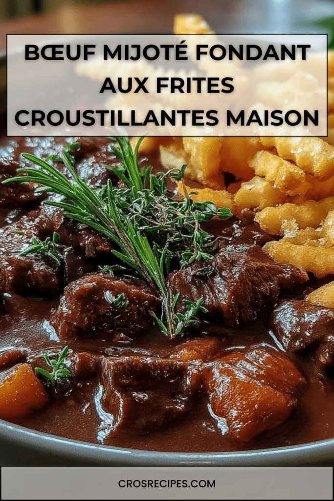 Bœuf mijoté en sauce épaisse avec carottes et herbes, servi chaud accompagné de frites croustillantes dorées et fleur de sel.