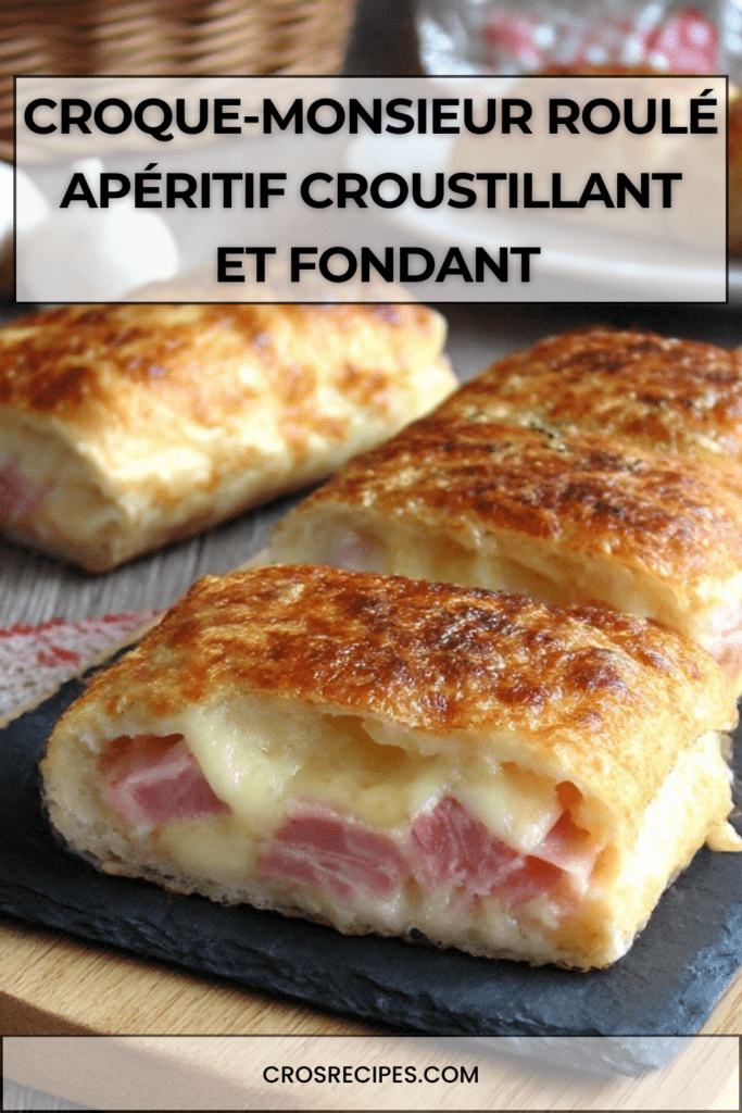 Croque-monsieur roulé en bouchées apéritives dorées à la poêle, garnies de jambon et fromage fondant, servis chauds sur plateau.