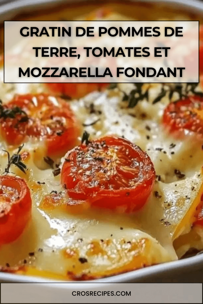 Gratin de pommes de terre doré au four avec tomates cerises et mozzarella fondante, servi chaud dans un plat à gratin.