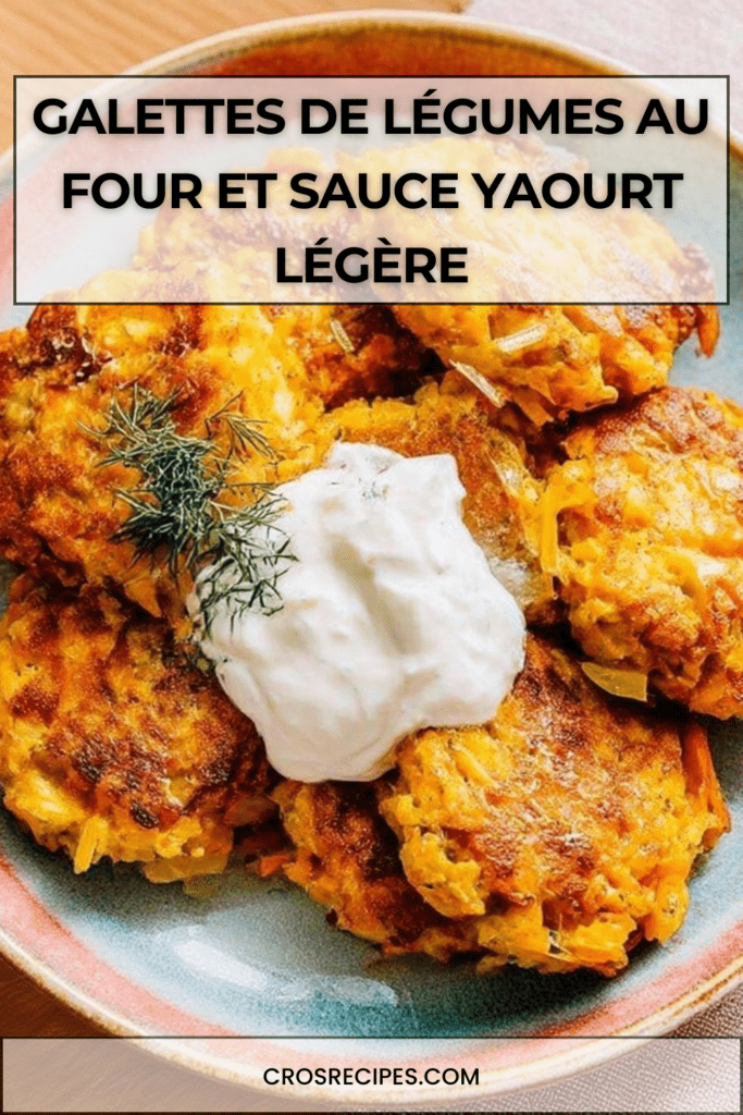 Galettes de légumes dorées au four à base de carottes et courgettes, servies avec une sauce yaourt citronnée aux herbes fraîches.