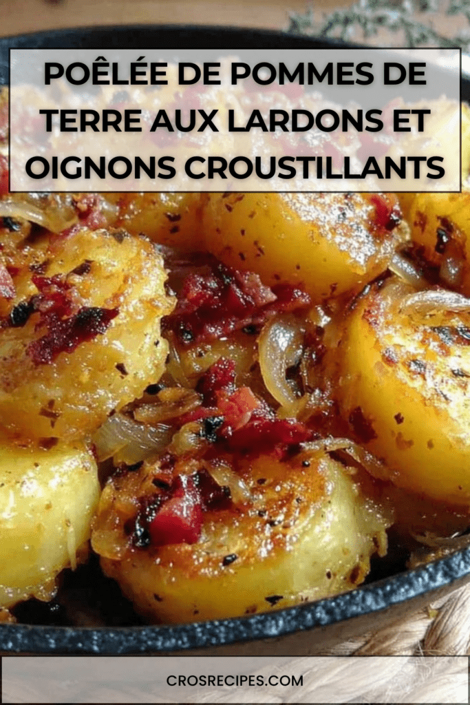 Poêlée de pommes de terre dorées avec lardons fumés croustillants et oignons fondants, servie chaude dans une poêle rustique.