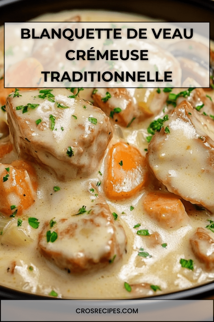 Blanquette de veau crémeuse avec carottes, champignons et persil frais, servie chaude dans une cocotte avec sauce blanche onctueuse.