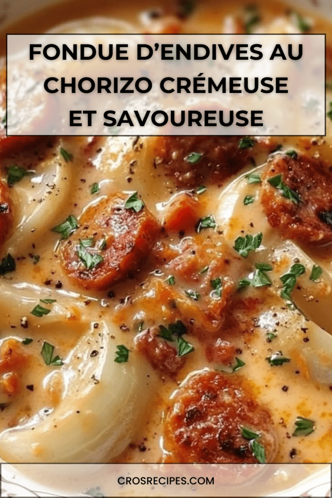 Fondue d’endives au chorizo servie dans une poêle, sauce crémeuse onctueuse, rondelles de chorizo dorées, persil frais ciselé et texture fondante des endives.