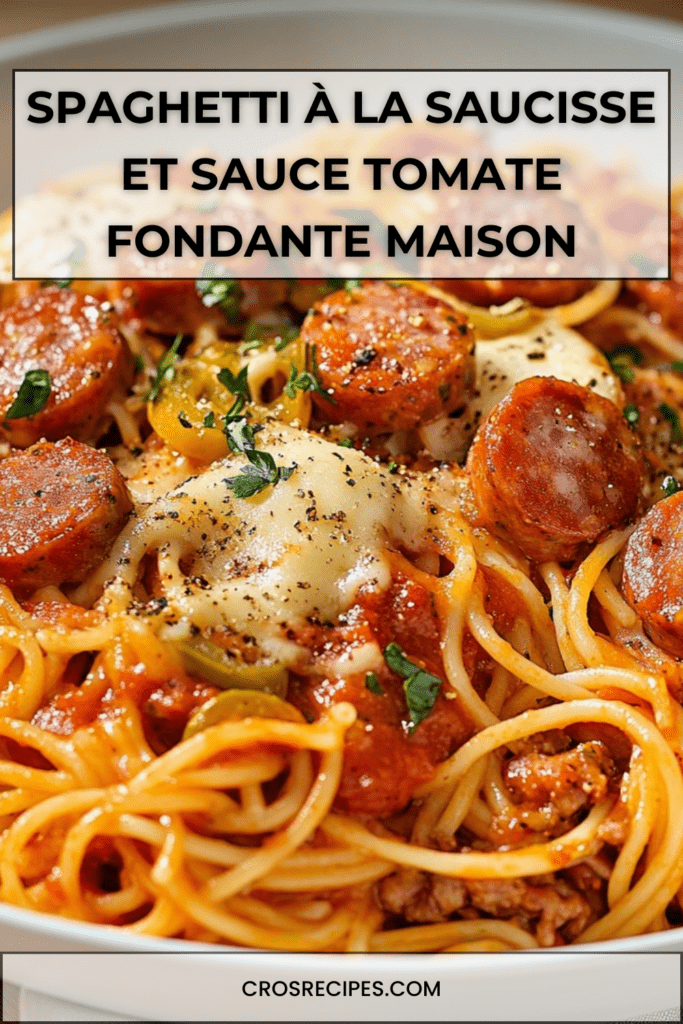 Assiette de spaghetti à la saucisse nappés de sauce tomate fondante, fromage râpé fondant sur le dessus, persil frais, présentation gourmande et chaleureuse.