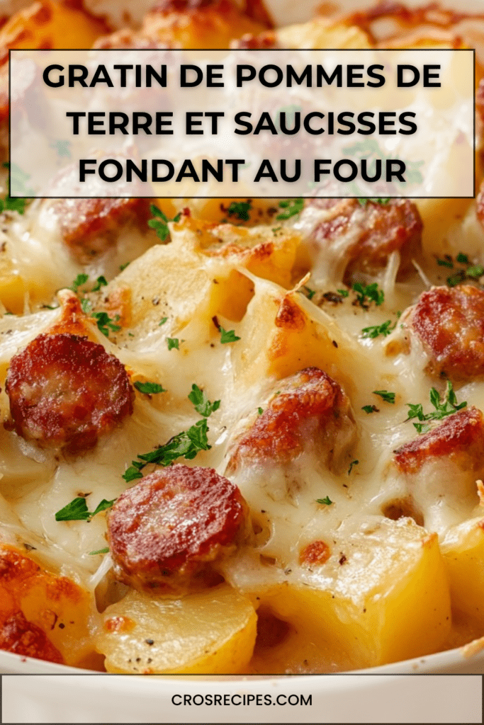 Gratin de pommes de terre et saucisses doré au four dans un plat en céramique, fromage fondu gratiné, sauce crémeuse onctueuse et persil frais en décoration.