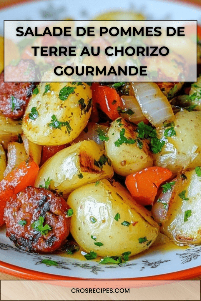 Salade de pommes de terre au chorizo servie dans un grand saladier, morceaux de pommes de terre dorés, dés de poivrons colorés, rondelles de chorizo croustillantes et persil frais.
