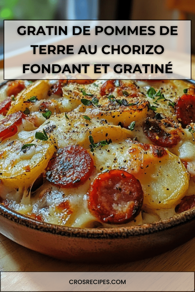 Gratin de pommes de terre au chorizo doré au four dans un plat en céramique, couches fondantes de pommes de terre, fromage gratiné, rondelles de chorizo croustillantes et thym frais.