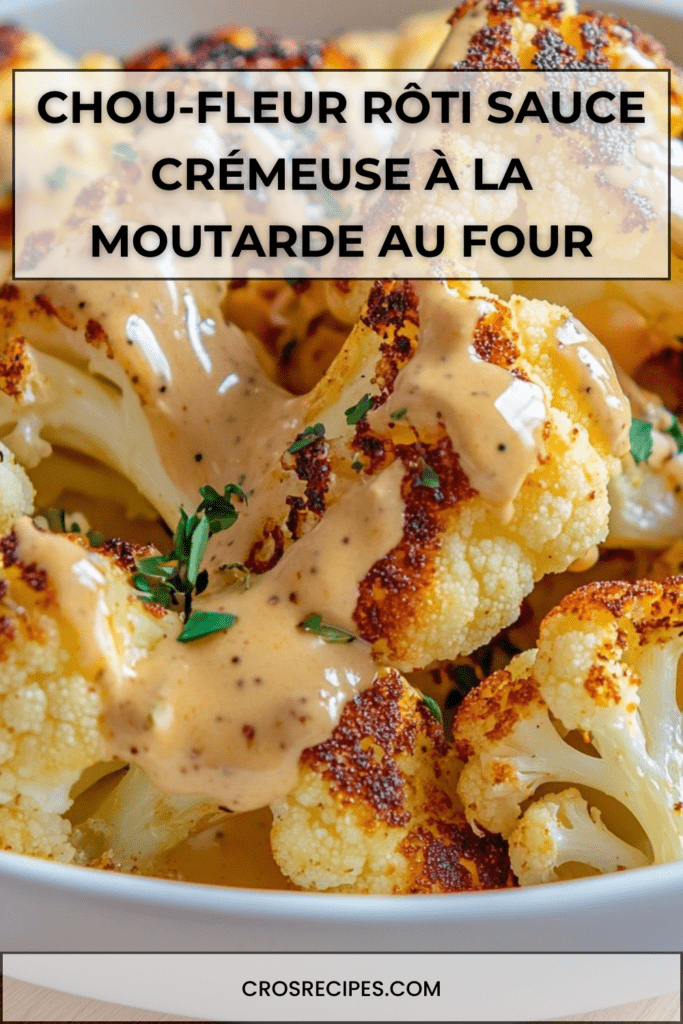 Chou-fleur rôti au four nappé de sauce crémeuse à la moutarde, fleurettes dorées et croustillantes, thym frais et présentation gourmande dans un plat blanc.