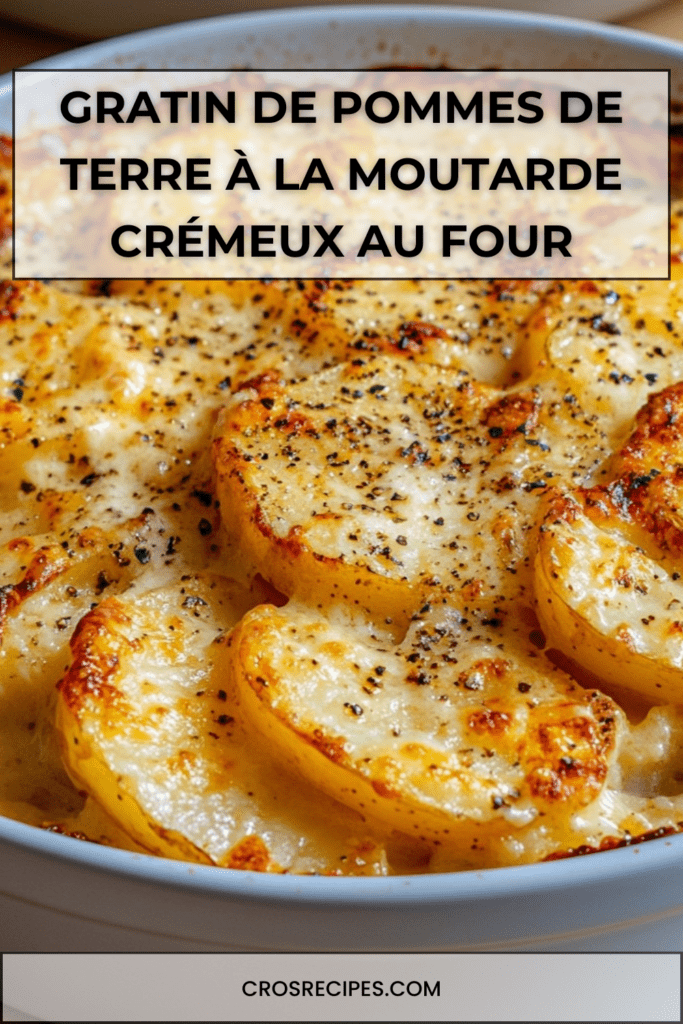 Gratin de pommes de terre à la moutarde doré au four, couches fondantes de pommes de terre nappées de sauce crémeuse, fromage gratiné et persil frais en finition.