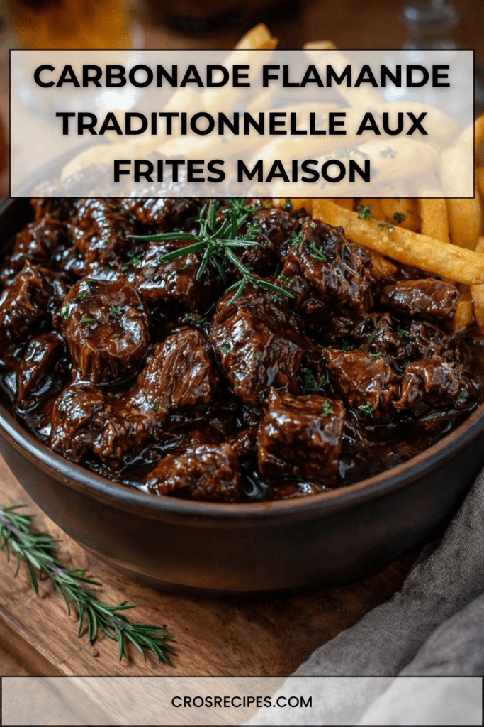 Carbonade flamande mijotée à la bière brune dans une cocotte, morceaux de bœuf fondants nappés de sauce épaisse, frites maison dorées et herbes fraîches.