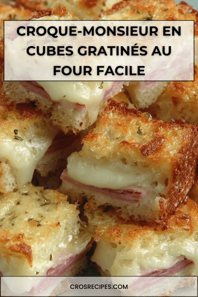 Cubes de croque-monsieur gratinés au four dans un plat, pain de mie doré et croustillant, jambon blanc, fromage fondu filant et herbes de Provence.