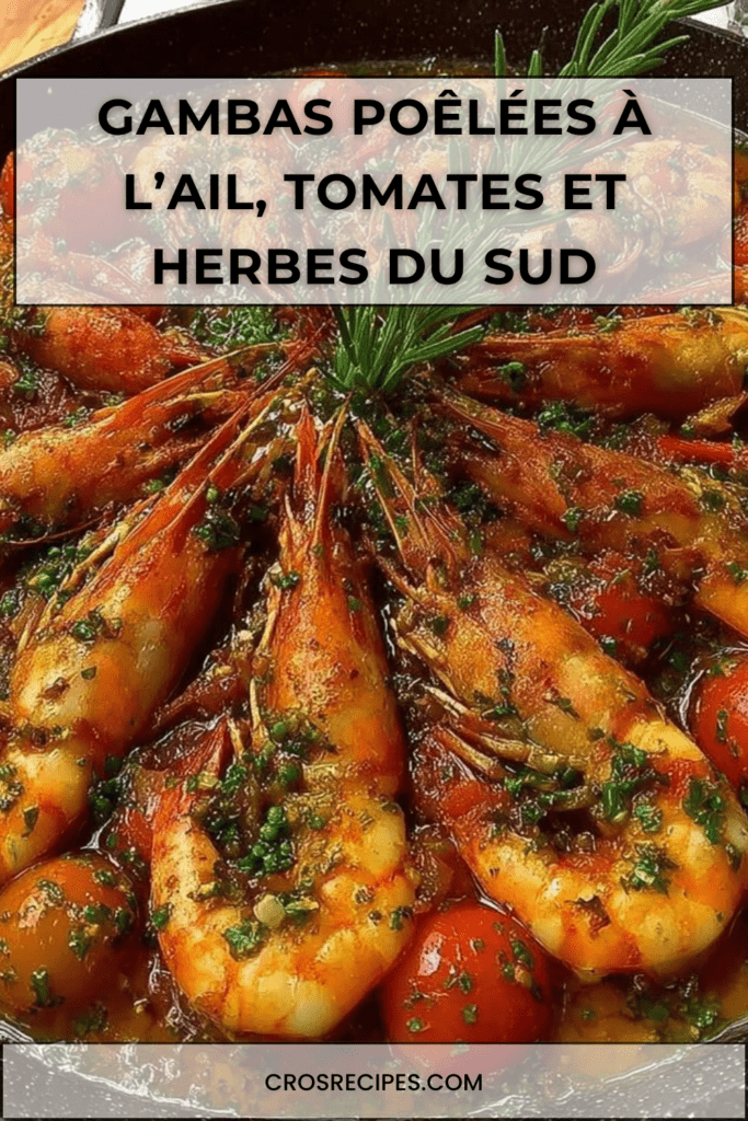 Gambas poêlées à l’ail et tomates cerises dans une grande poêle, herbes du Sud fraîches, sauce brillante à l’huile d’olive et citron, présentation chaude et ensoleillée.