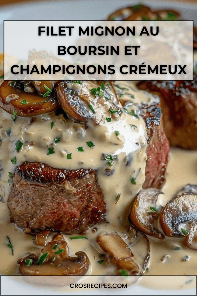 Filet mignon de porc en médaillons nappé de sauce crémeuse au Boursin, champignons dorés, persil frais et présentation chaude et gourmande dans une poêle.