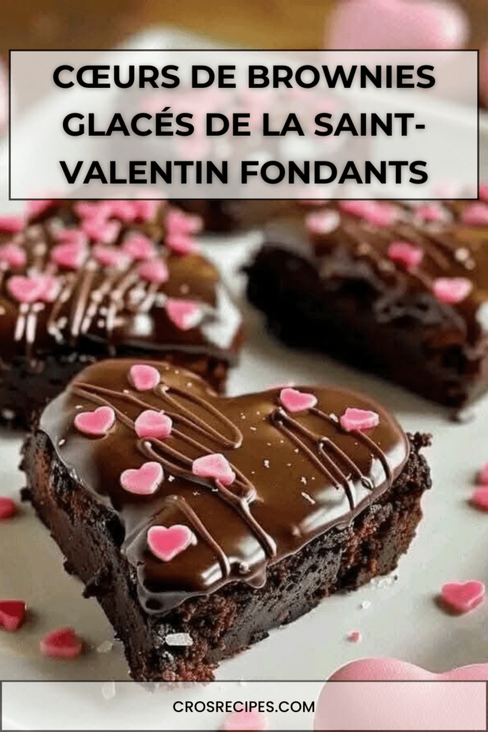 Cœurs de brownies au chocolat glacés avec nappage brillant, décorations en forme de cœur, texture fondante et présentation élégante pour la Saint-Valentin.
