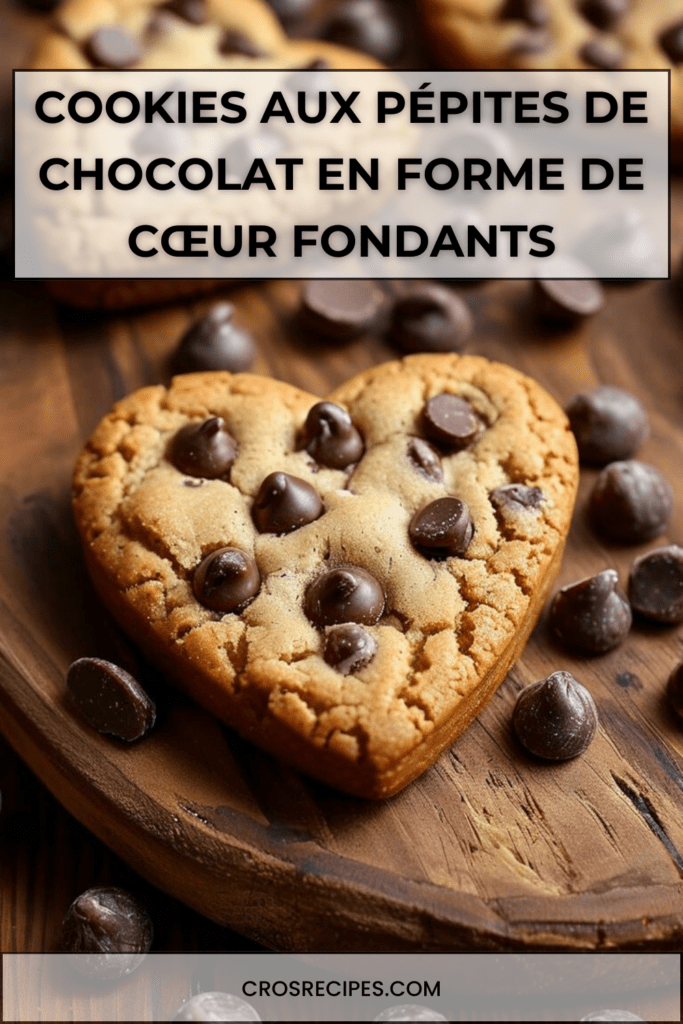 Cookies aux pépites de chocolat en forme de cœur, dorés sur les bords et moelleux au centre, pépites fondantes visibles, présentation gourmande sur une plaque.