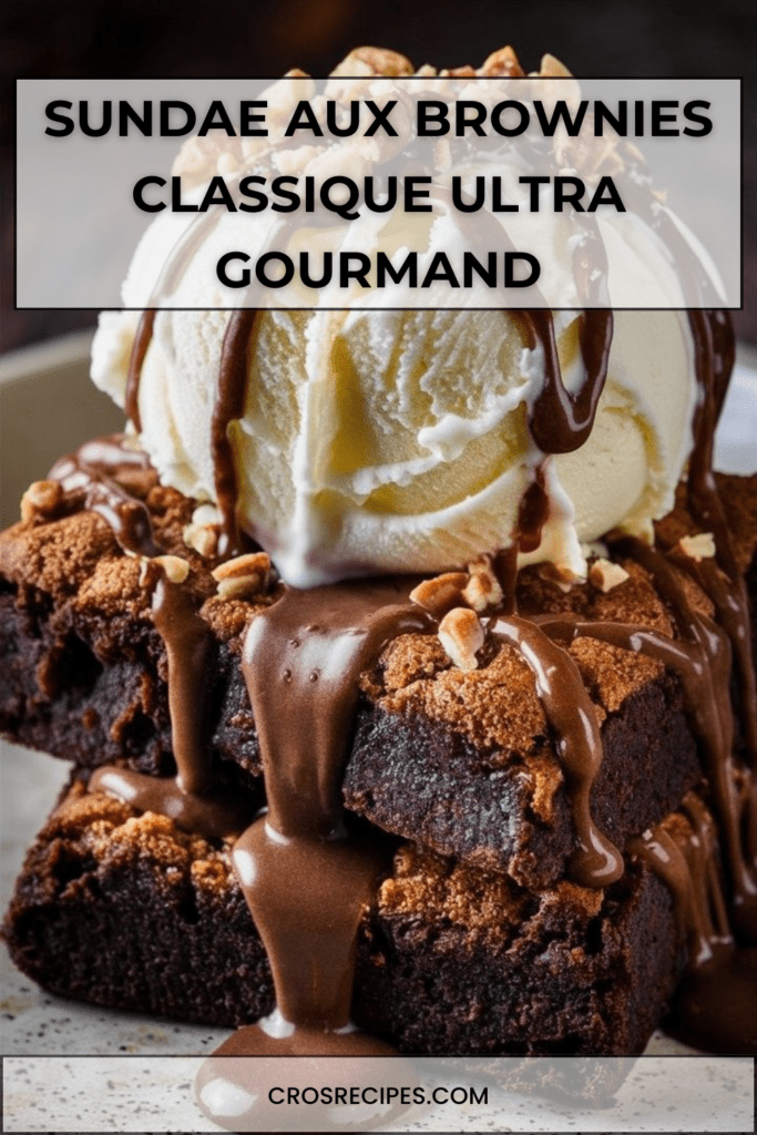 Sundae aux brownies avec brownie chaud, boule de glace vanille, sauce chocolat fondante et noix croquantes, présentation gourmande dans un bol.