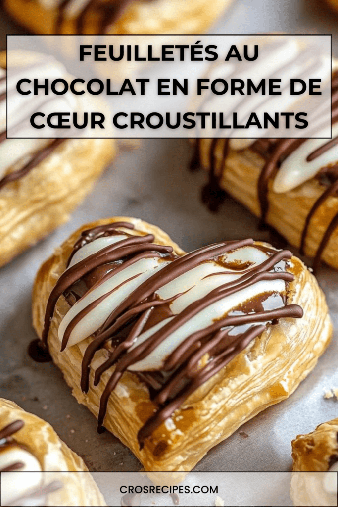 Feuilletés au chocolat en forme de cœur garnis de chocolat, pâte feuilletée dorée et croustillante, filets de chocolat au lait et blanc, présentation élégante sur assiette.