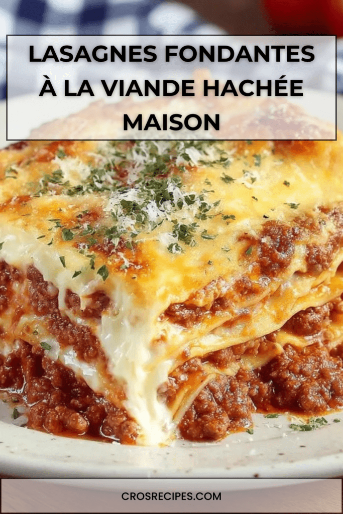Lasagnes à la viande hachée gratinées au four, couches visibles de pâtes, sauce tomate, béchamel crémeuse et fromage doré dans un plat familial.