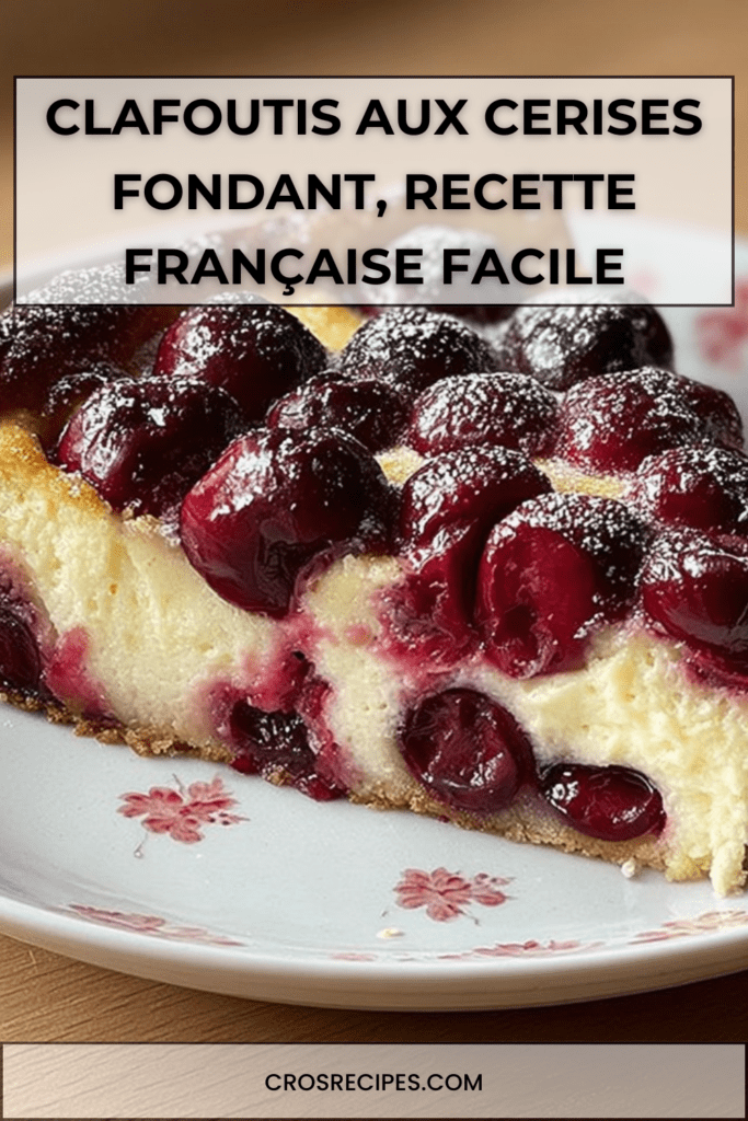 Clafoutis aux cerises maison doré au four, cerises visibles à la surface, texture fondante et moelleuse, servi dans un plat rustique sur table en bois.