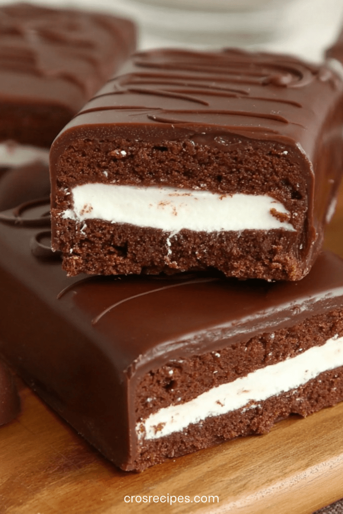 Barres chocolatées maison coupées en rectangles, enrobées de chocolat noir brillant et garnies d’un fourrage crémeux à la vanille de couleur blanche