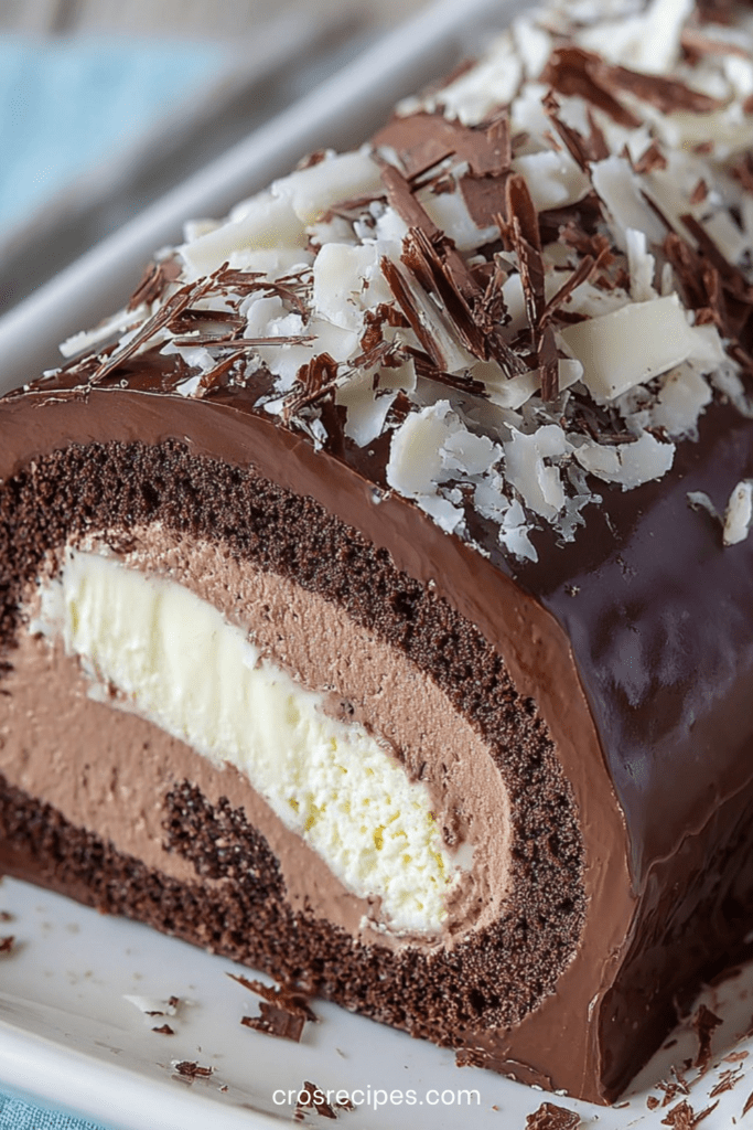 Bûche roulée au chocolat nappée d’un glaçage brillant, garnie d’un cœur vanille visible à la coupe et décorée de copeaux de chocolat noir et blanc