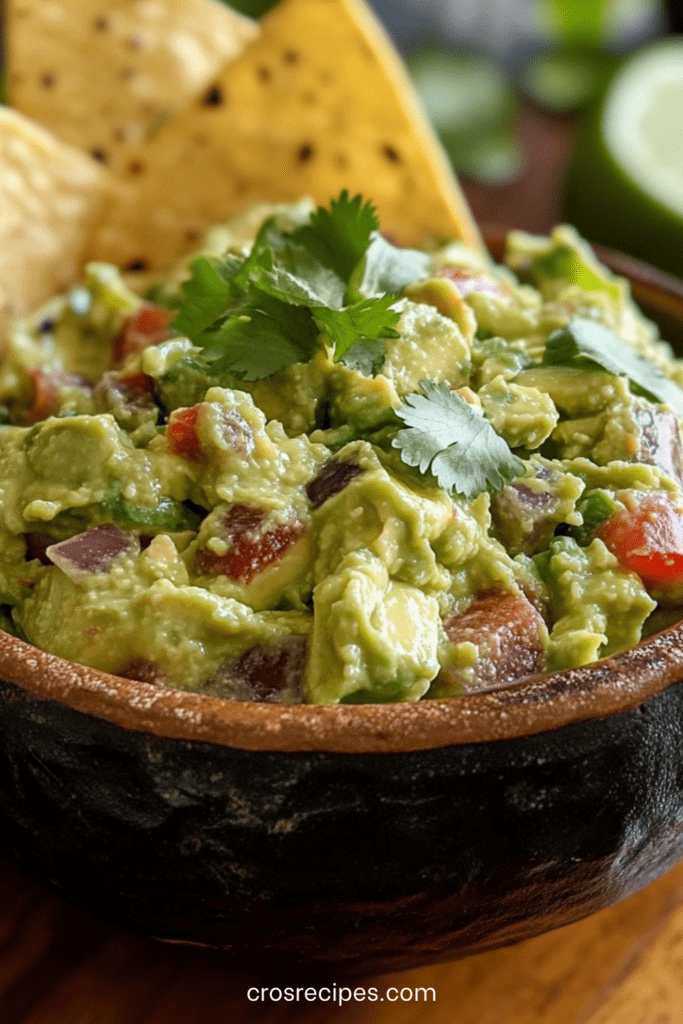 Bol de guacamole maison crémeux préparé avec avocats mûrs, oignon, citron vert et coriandre, servi avec des tortillas croustillantes