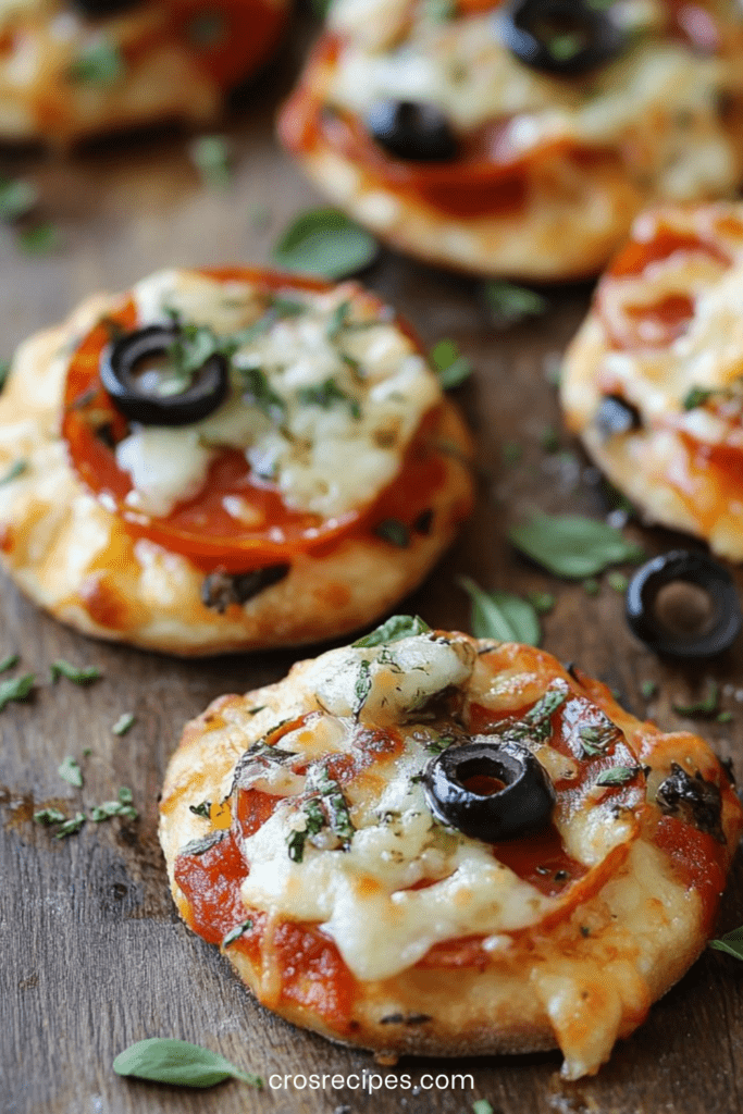 Mini-pizzas apéritives garnies de sauce tomate, mozzarella fondue et tranches de pepperoni, dorées au four et servies sur une plaque