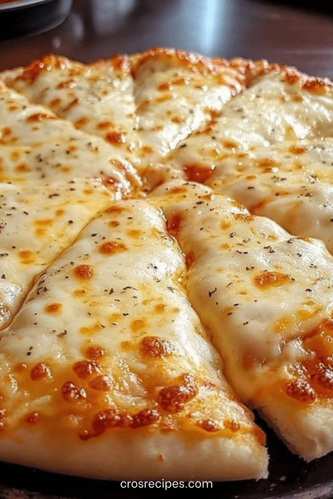 Pizza à l’ail et au fromage dorée au four avec mozzarella fondue, parmesan et herbes séchées sur pâte croustillante