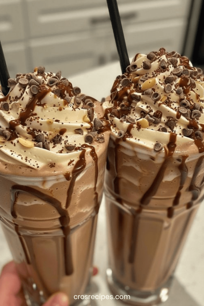 Grand verre de milkshake au chocolat crémeux décoré de sirop de chocolat, garni de crème fouettée, pépites de chocolat et éclats de noix