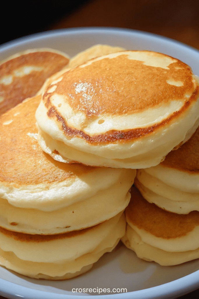 Pile de pancakes maison épais et moelleux servis chauds avec sirop d’érable et beurre sur une assiette