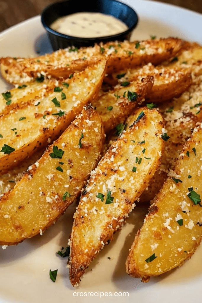 Quartiers de pommes de terre dorés et croustillants au four avec ail, parmesan et persil servis sur une plaque
