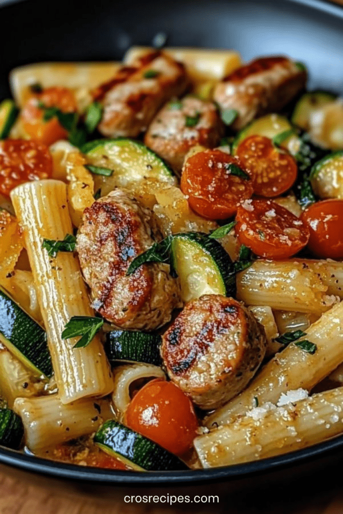 Assiette de pâtes aux saucisses de poulet avec courgettes et tomates cerises, garnie de parmesan et d’herbes fraîches