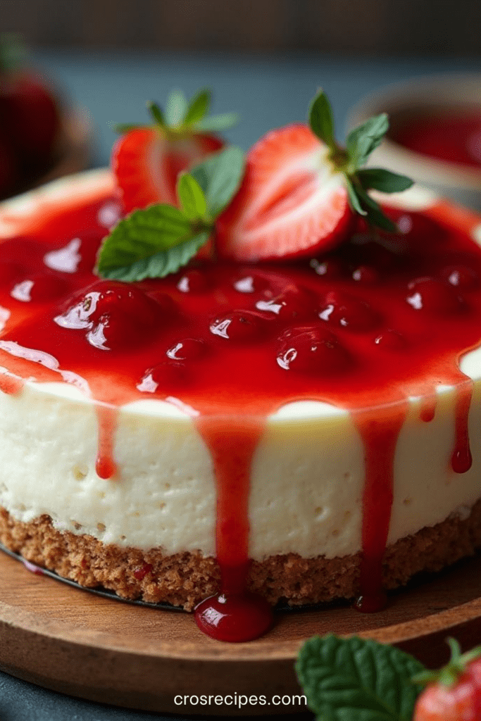 Cheesecake aux fraises sans cuisson avec base biscuitée, crème au fromage frais et coulis de fraises coulant sur les bords, décoré de fraises fraîches et de menthe