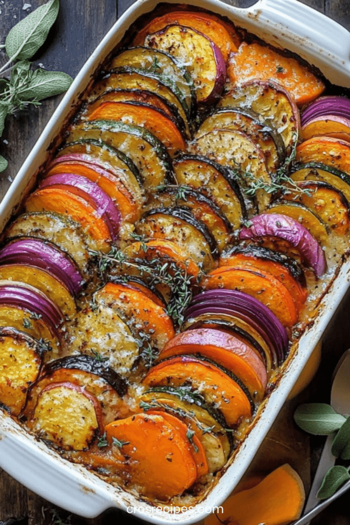 Tian de légumes d’automne au potimarron, patates douces et carottes, disposés en rosace et gratinés au four avec herbes de Provence