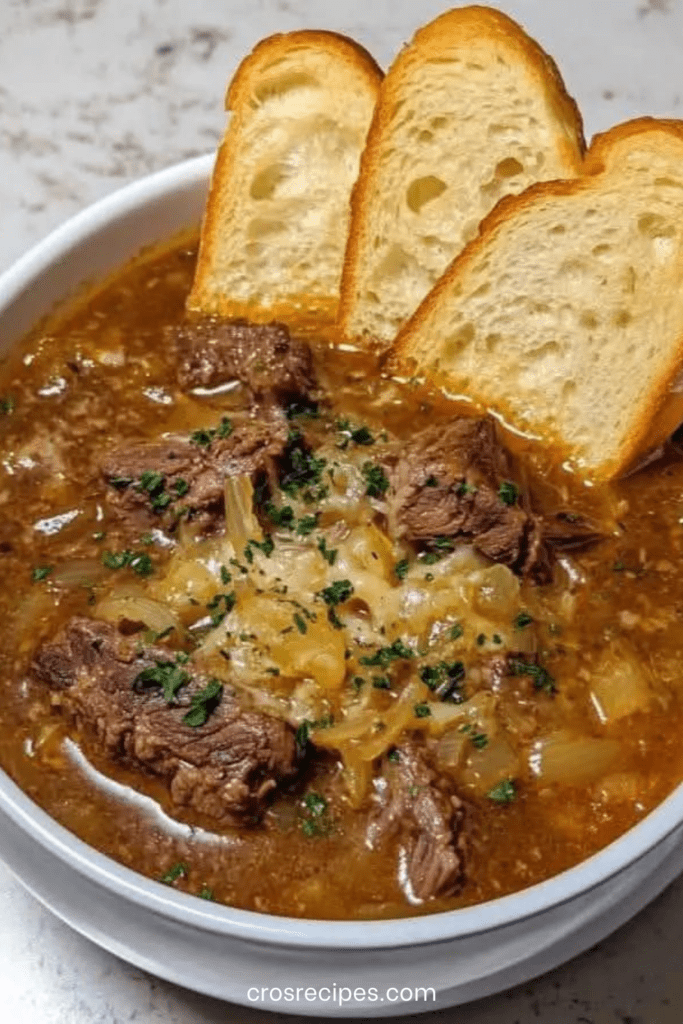 Soupe à l’oignon française gratinée au fromage avec bœuf braisé effiloché, pain croustillant et fromage fondu doré
