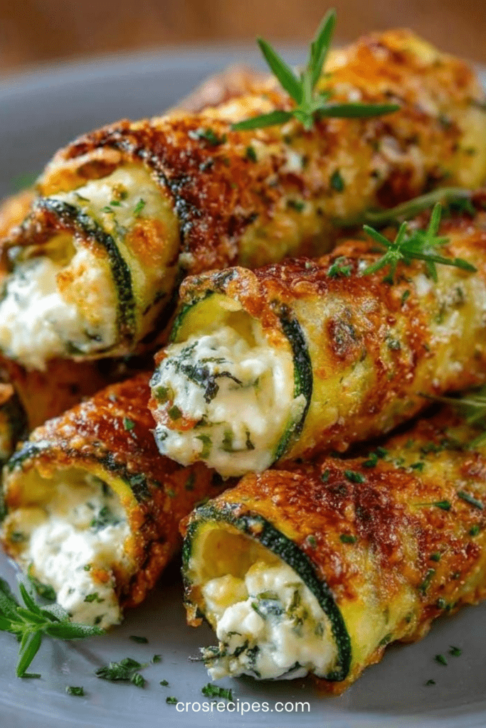 Roulés de courgettes gratinés à la ricotta, mozzarella et parmesan, nappés de sauce tomate et servis bien dorés au four