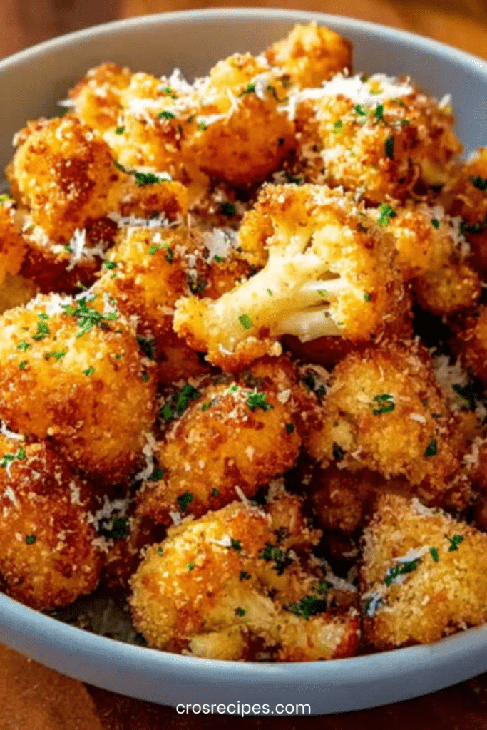 Fleurettes de chou-fleur croustillantes au parmesan, panure dorée au four, servies chaudes avec persil frais