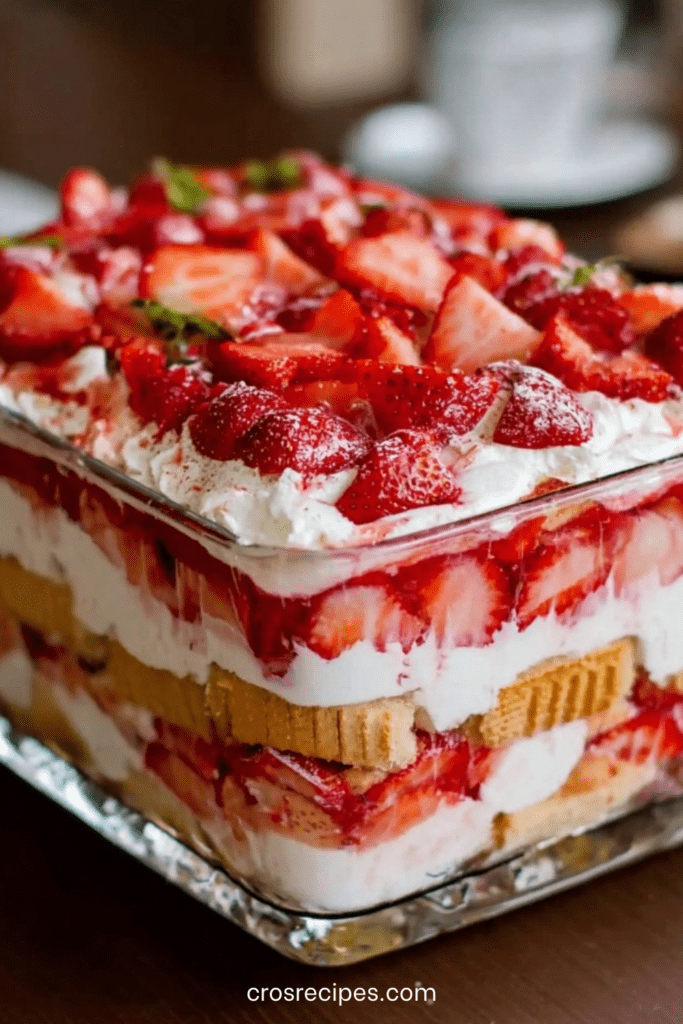 Tiramisu fraises et crème mascarpone fondante, présenté en plat en verre avec couches visibles de biscuits, fraises fraîches et crème onctueuse.